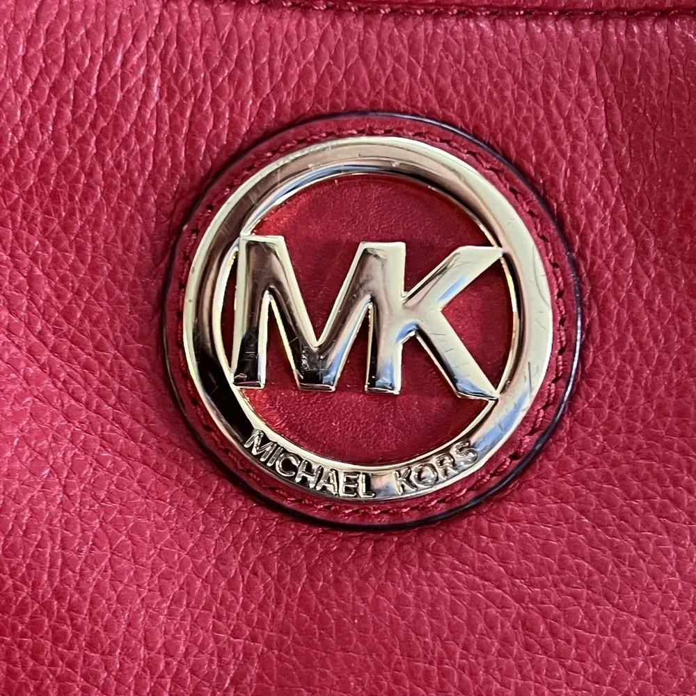 Michael Kors Red Pebbled Leather Crossbody‎ Bag MK Logo Small Purse
